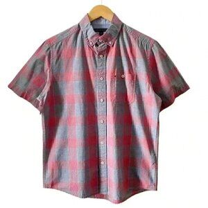 Tommy Hilfiger Mens Shirt Short Sleeve Button Down Red Grey Plaid Cotton Small
